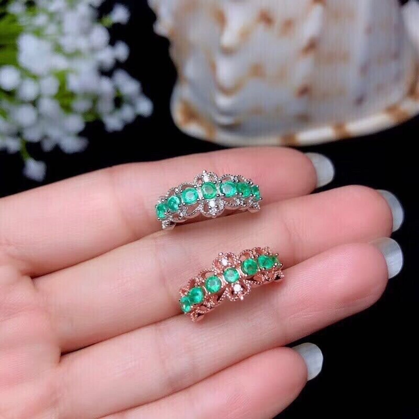 Colombian Emerald Lace Band Ring 3mm Sterling Silver