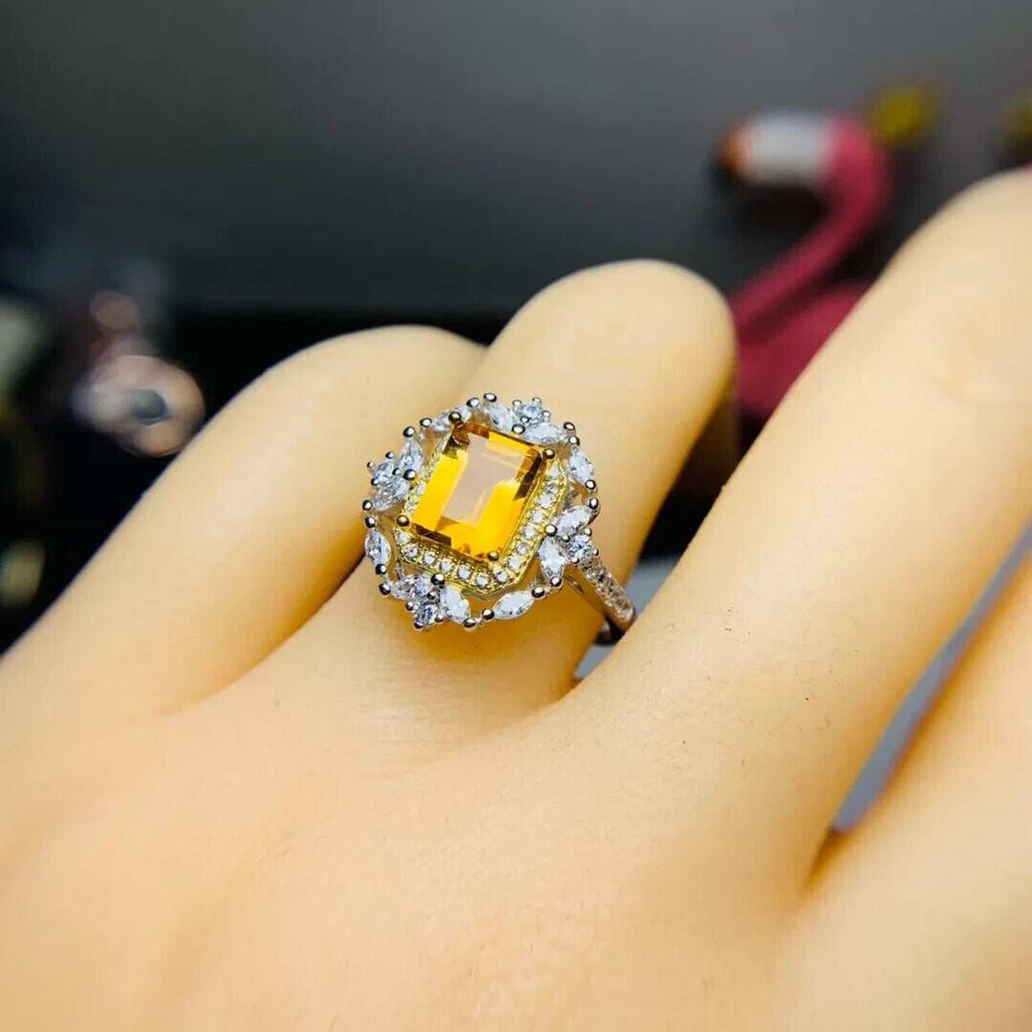 Citrine Gemstone Emerald Cut Cocktail Ring 6x8mm