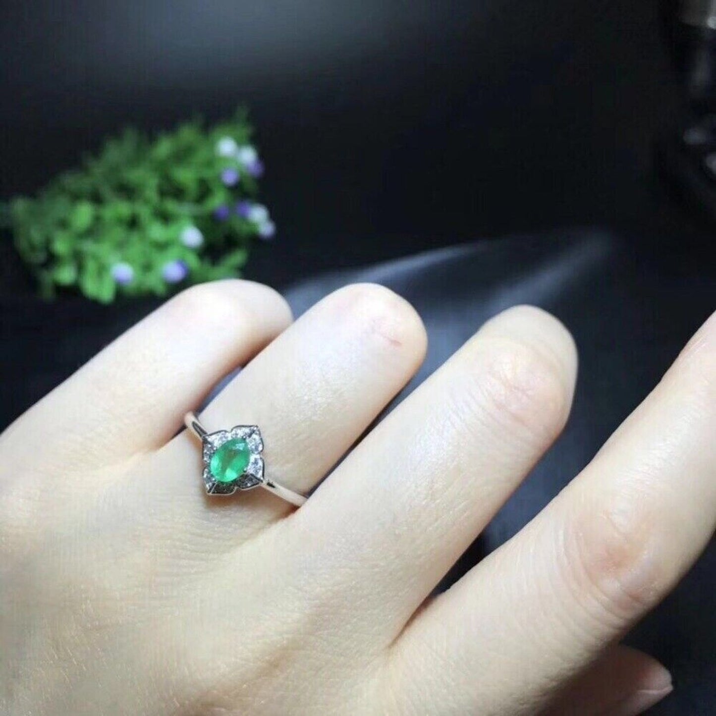 Dainty Emerald Gemstone Ring 4x5mm Sterling Silver