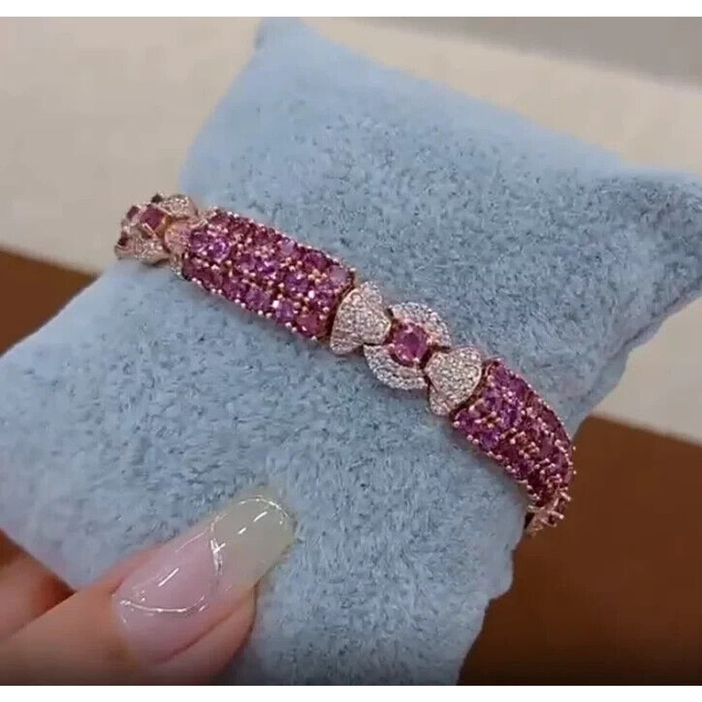 Pink Garnet Candy Themed Wide Tennis Bracelet Rose Gold