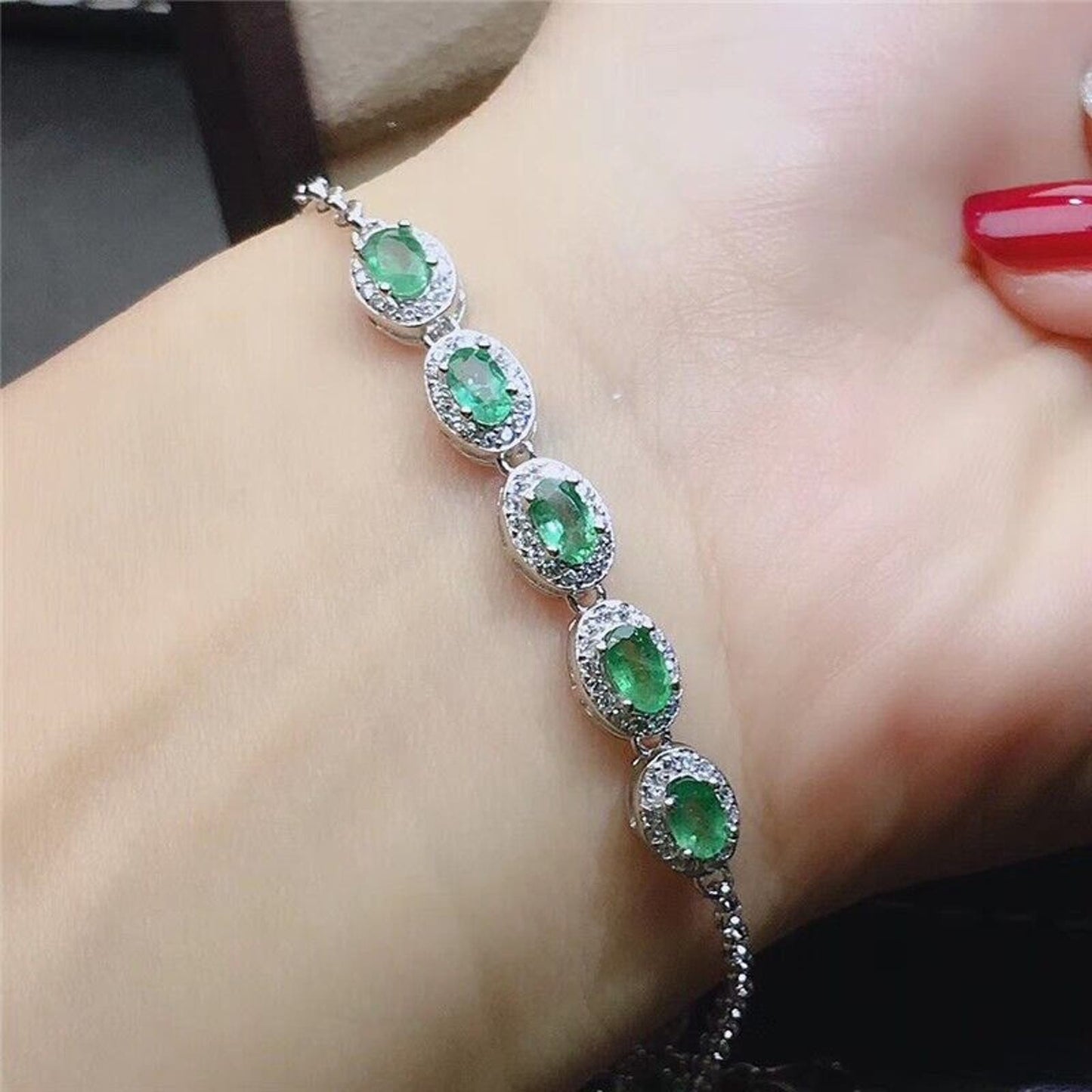 Colombian Emerald Chain Bracelet, 5pc 3x5mm