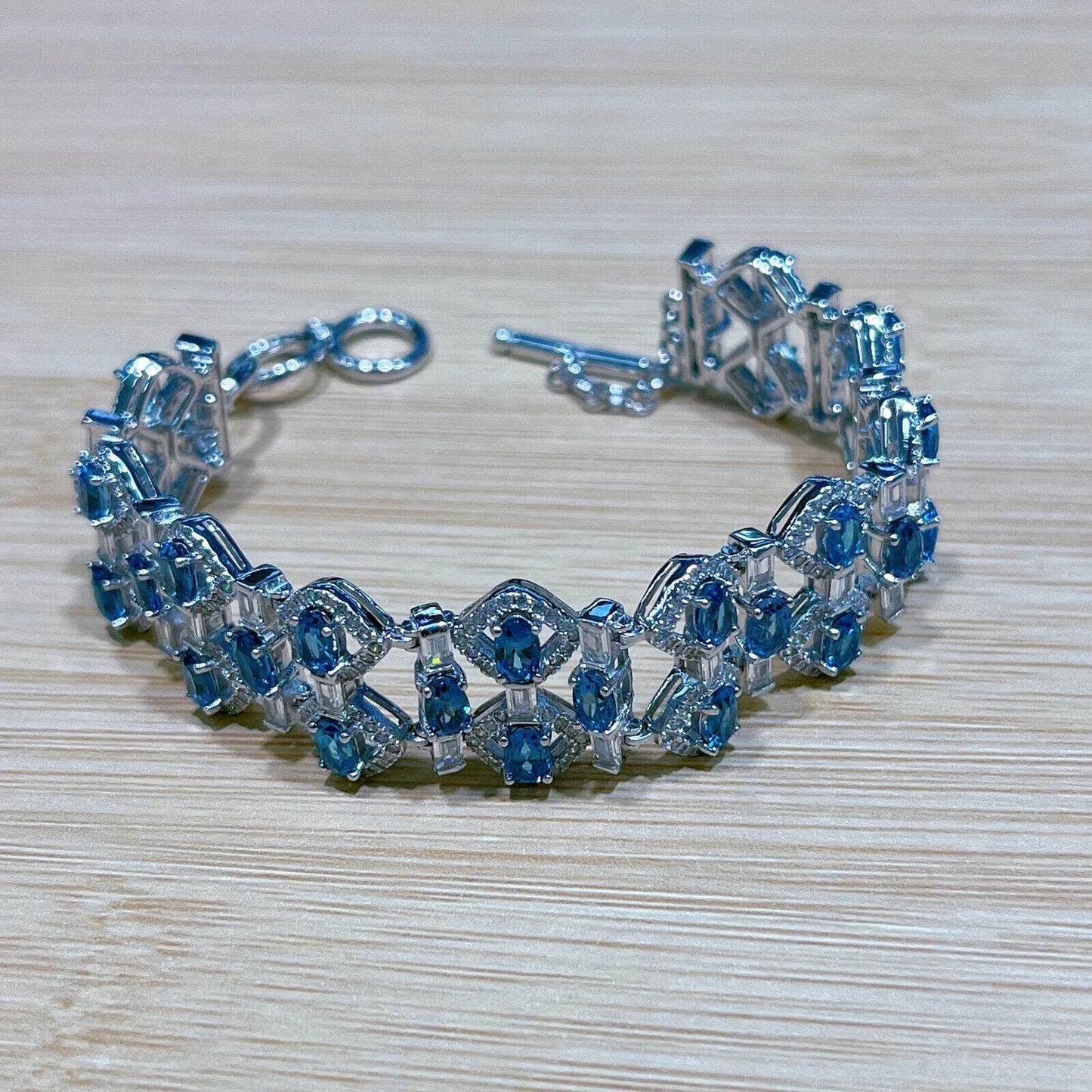 London Blue Topaz 3 Layer Wide Statement Bracelet 3x5mm