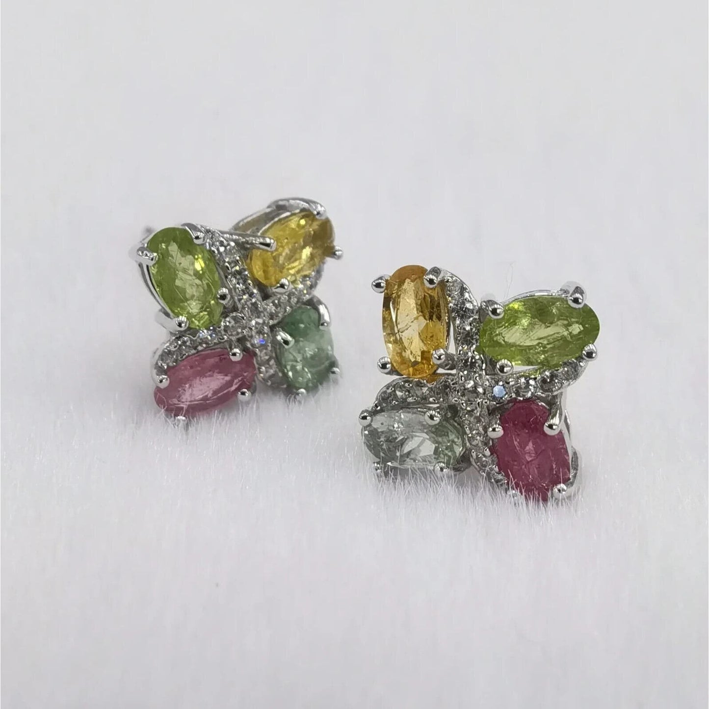 Natural Tourmaline Cluster Stud Earrings Platinum Plated