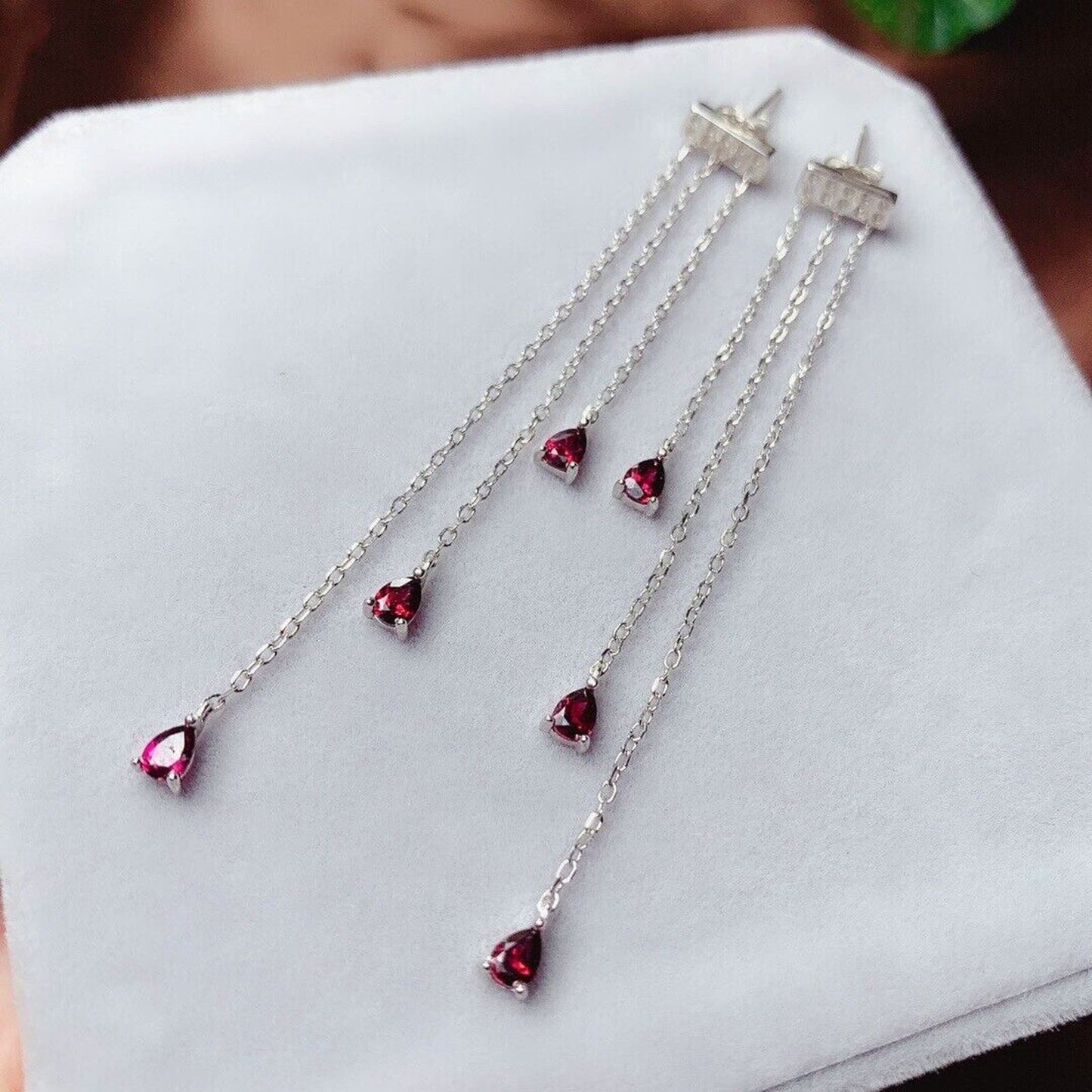 Dainty Red Garnet Long Dangle Earrings 3x4mm Sterling Silver