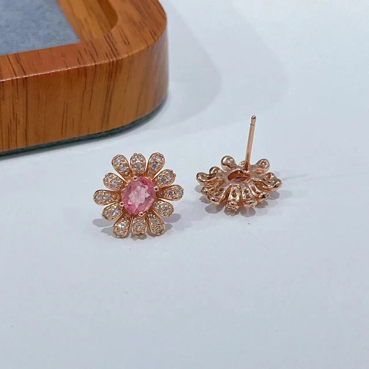 Natural Pink Tourmaline Stud Earrings, Rose Gold Pink Tourmaline Flower Earrings