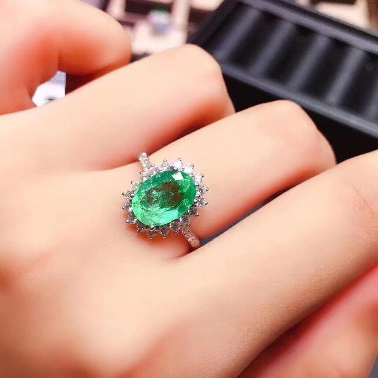 Colombian Emerald Cocktail Ring 5x7mm Sterling Silver