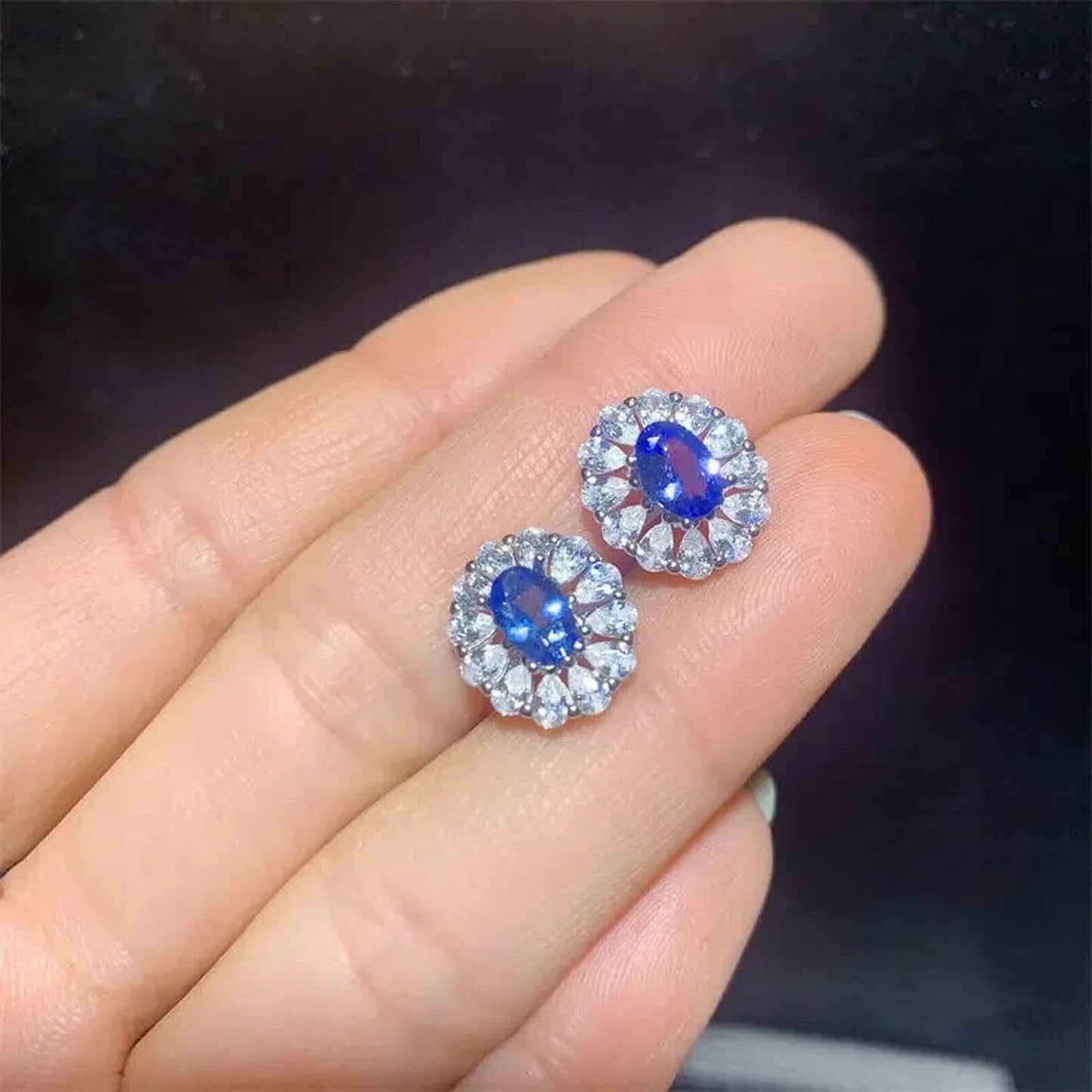 Tanzanite Cluster Stud Earrings 4x6mm Platinum Plated