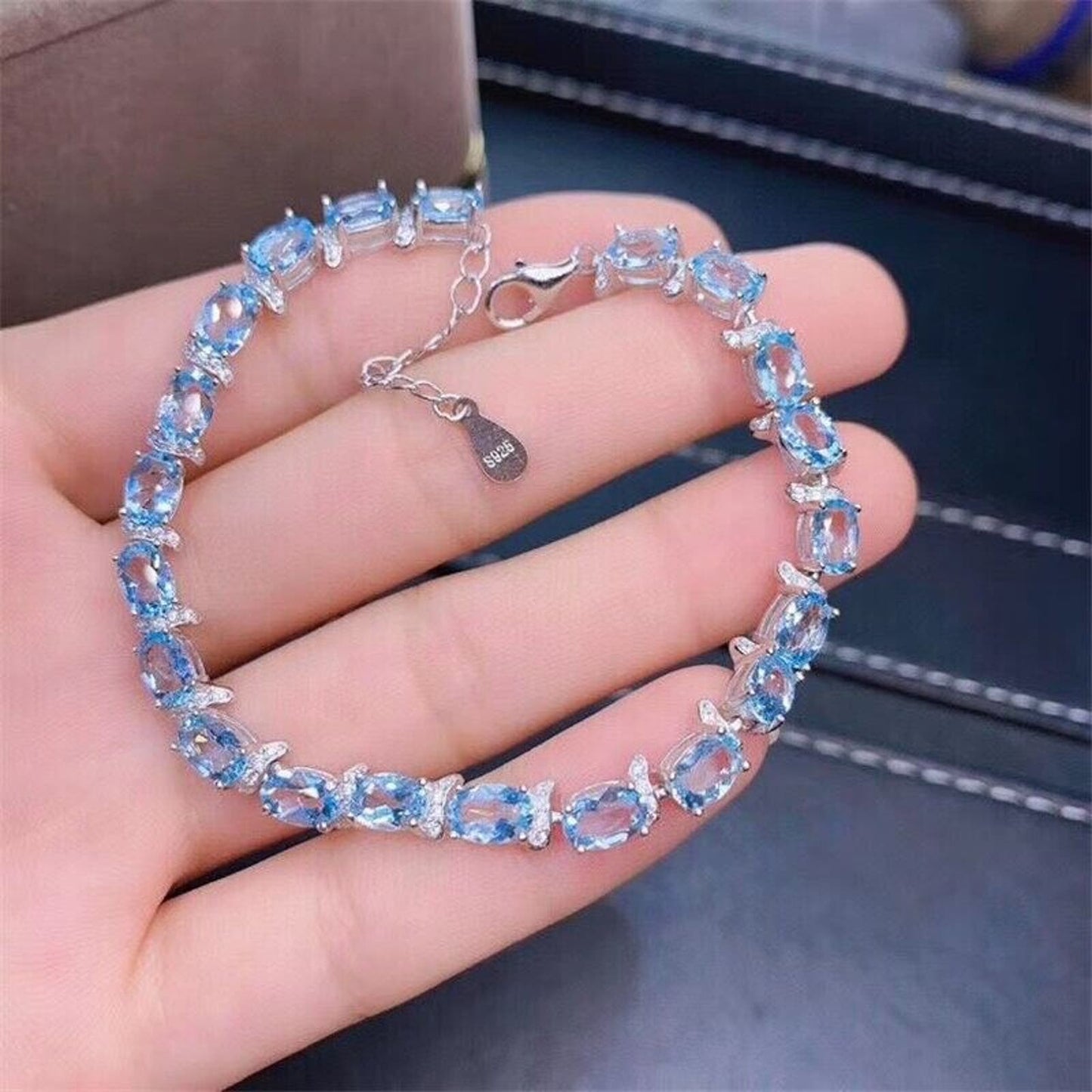 Natural Aquamarine Tennis Bracelet 4x6mm Sterling Silver