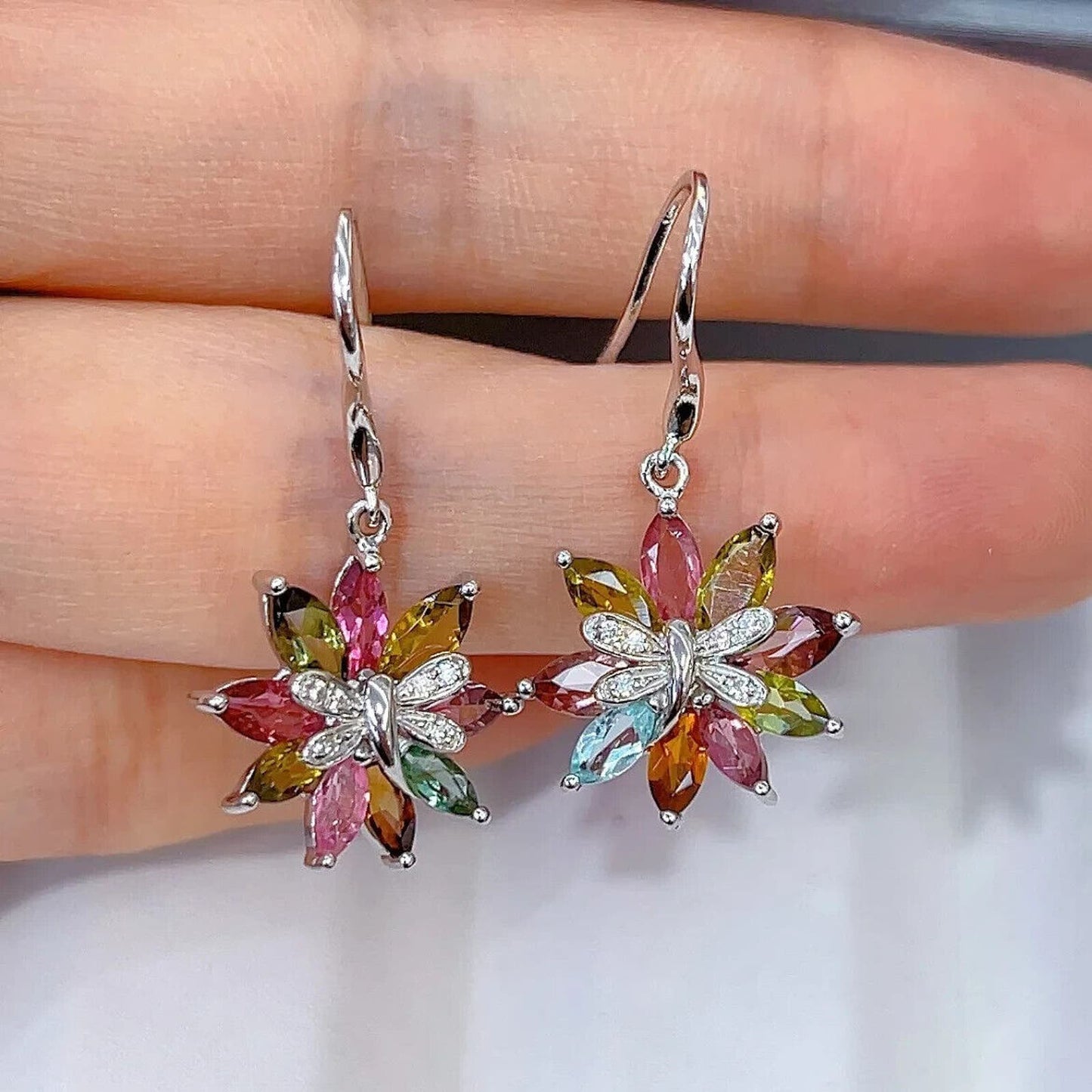 Colorful Tourmaline Flower Dangle Earrings