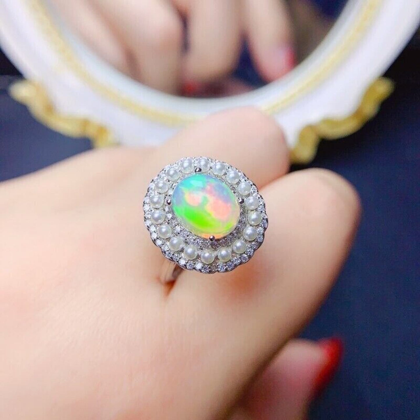 Australian Opal and Faux Pearl Statement Ring 8x10mm