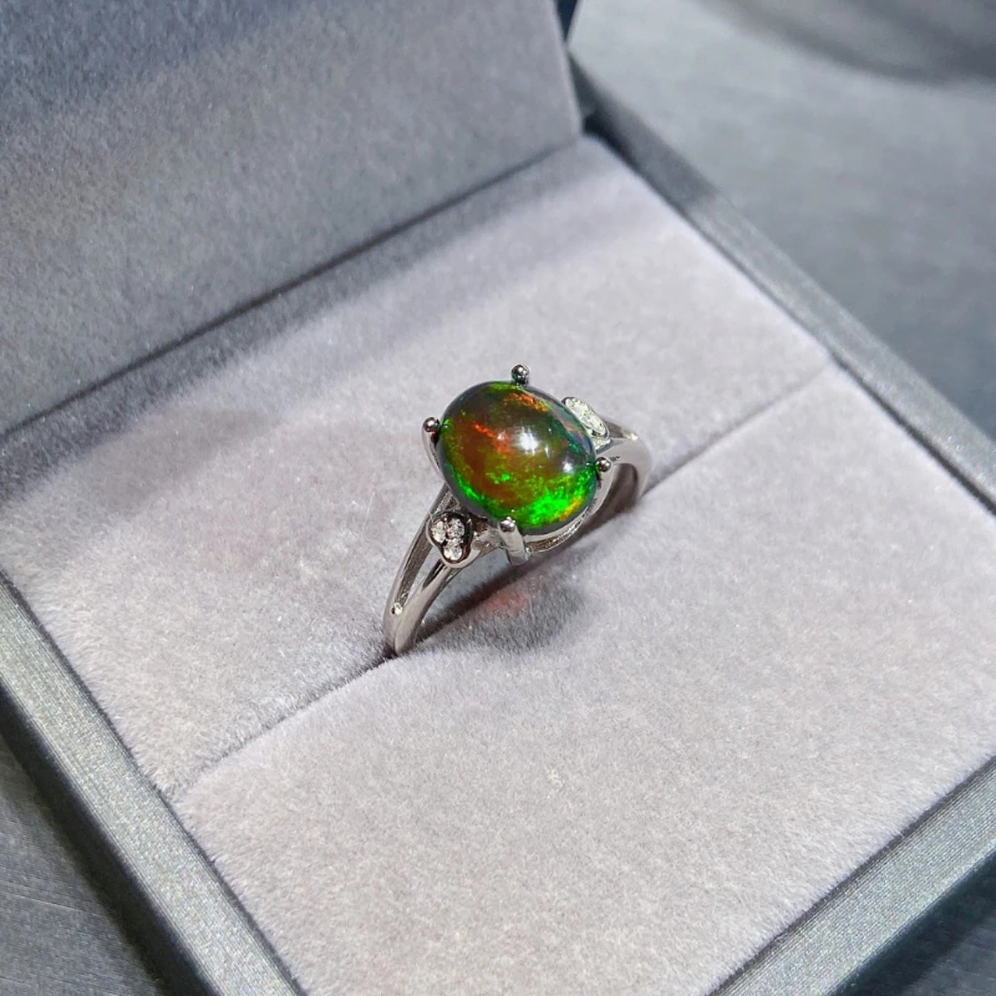 Black Fire Opal Ring 8x10mm Platinum Plated