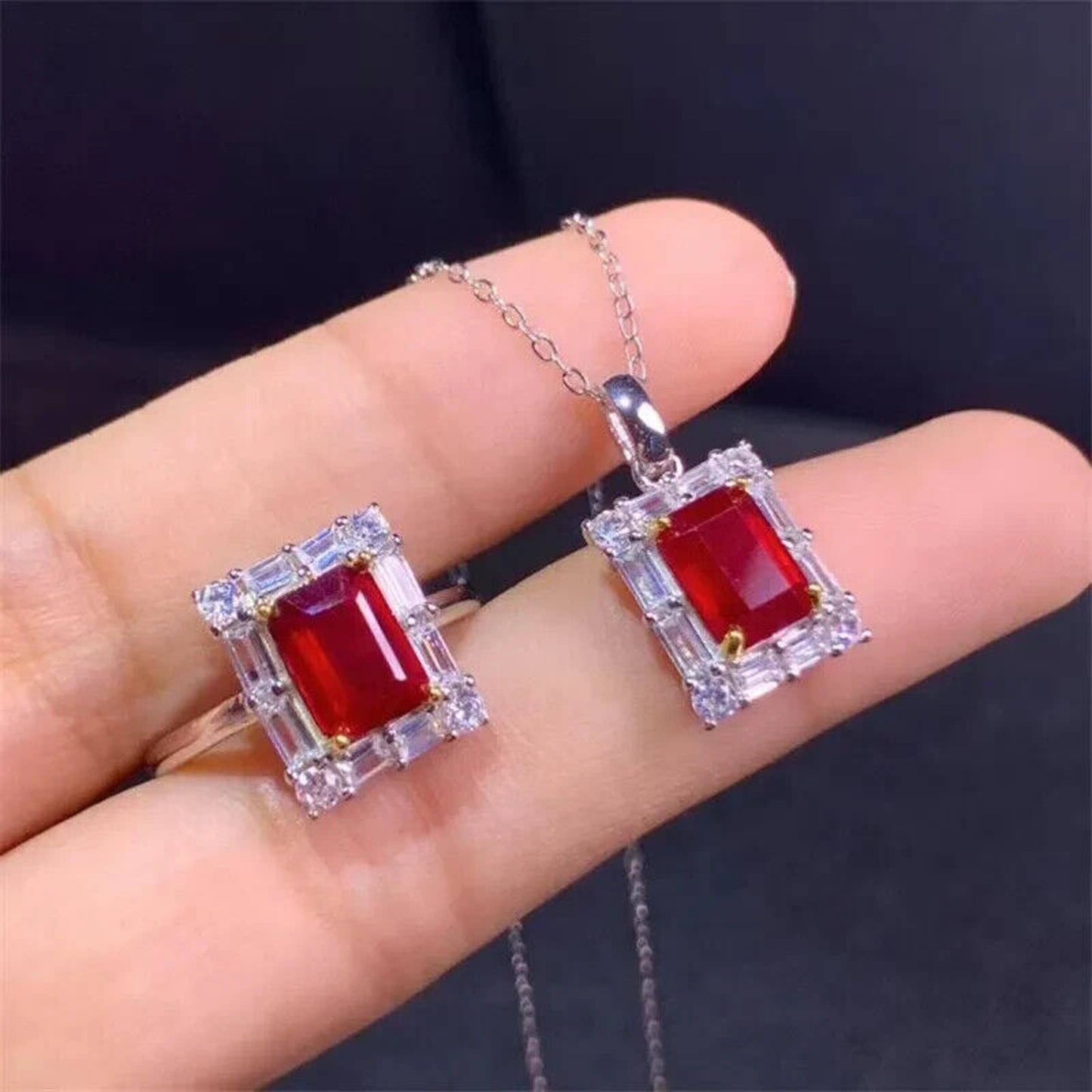 Natural Ruby Jewelry Set, Women's Ruby Pendant and Ring, Ruby Ring and Pendant