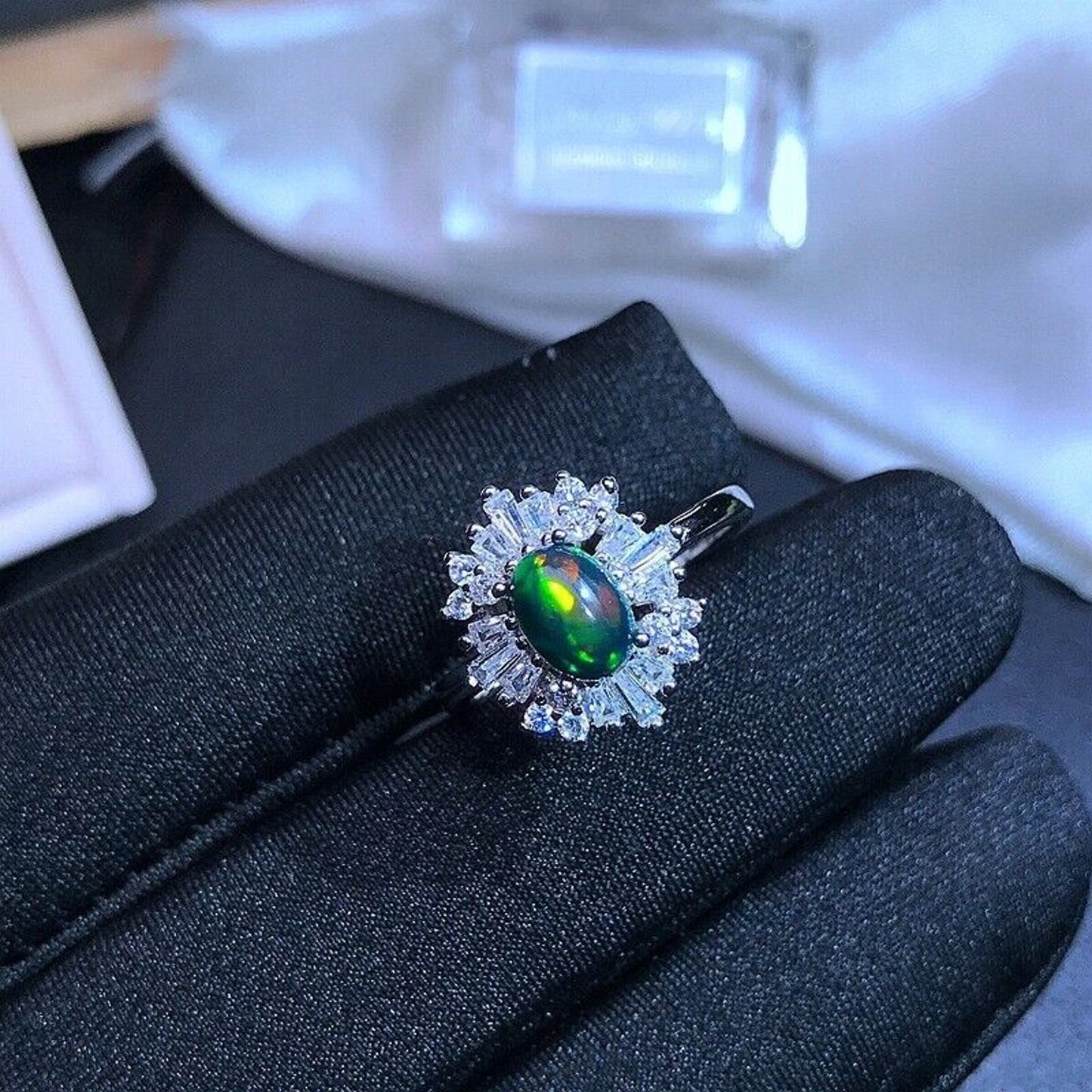 Black Opal Cluster Ring 5x7mm Sterling Silver