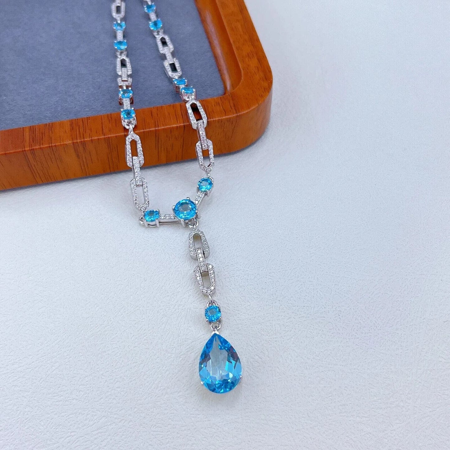 Swiss Blue Topaz Long Pendant Statement Necklace 9x13mm