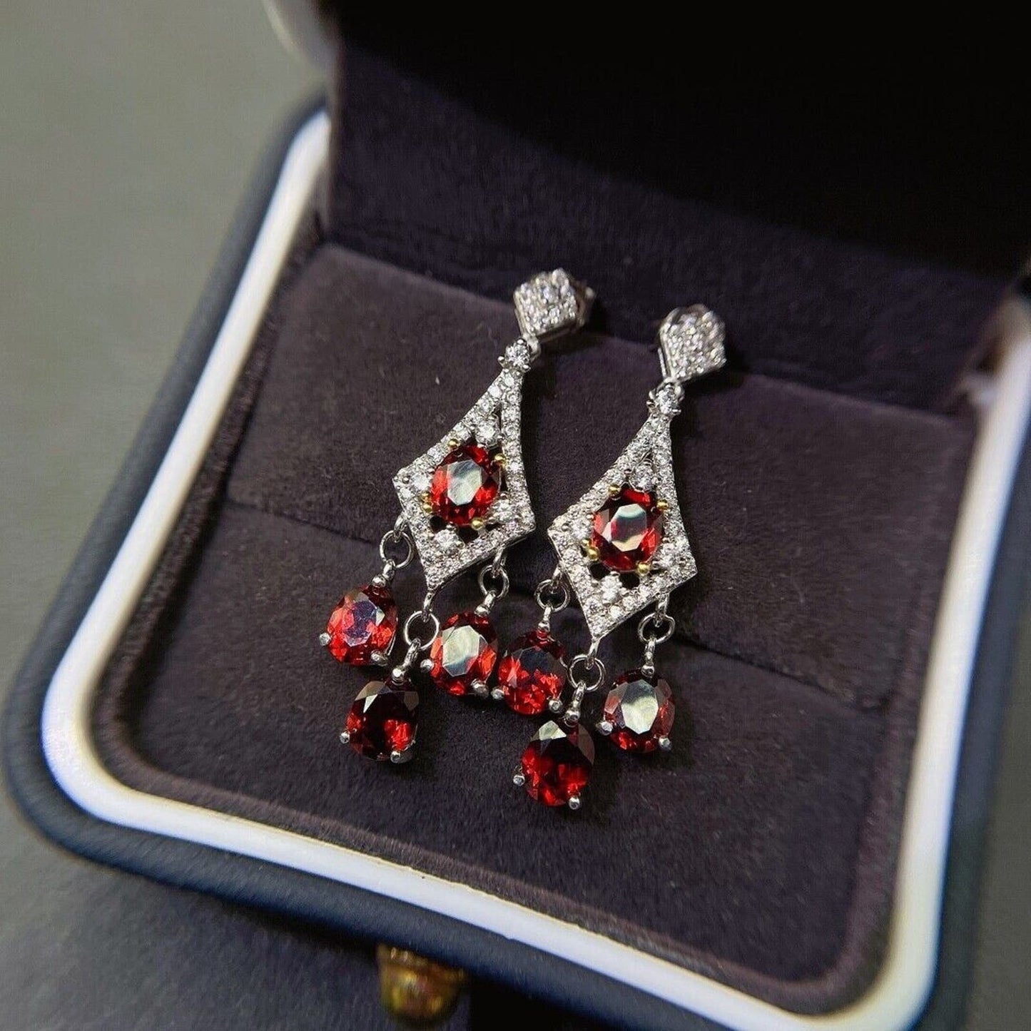 Natural Red Garnet Dangle Earrings 4x5mm Platinum Plated