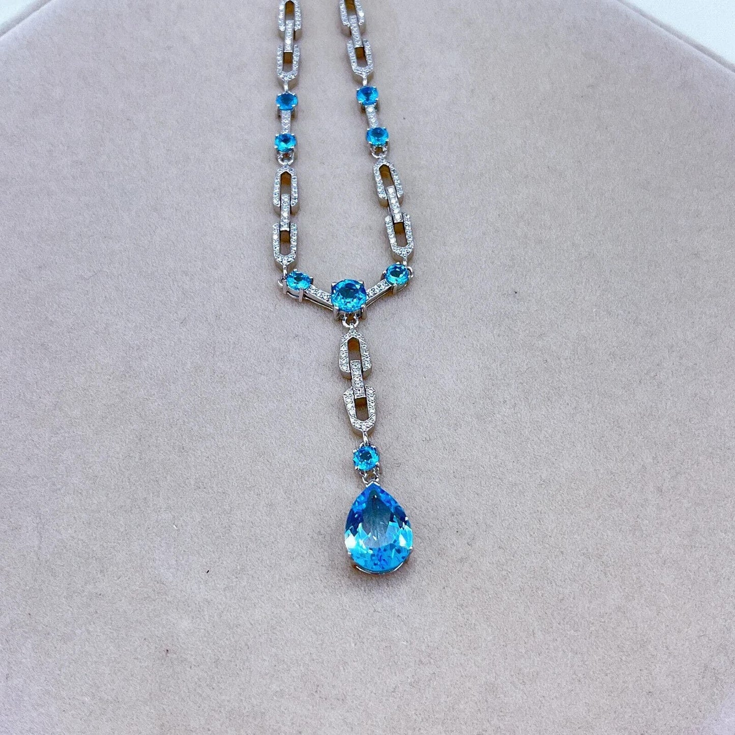 Swiss Blue Topaz Long Pendant Statement Necklace 9x13mm