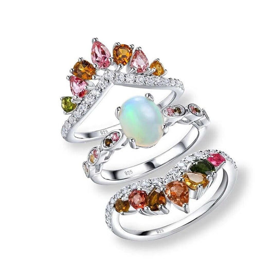 Natural Fire Opal and Tourmaline 3 Ring Set 925 Sterling Silver