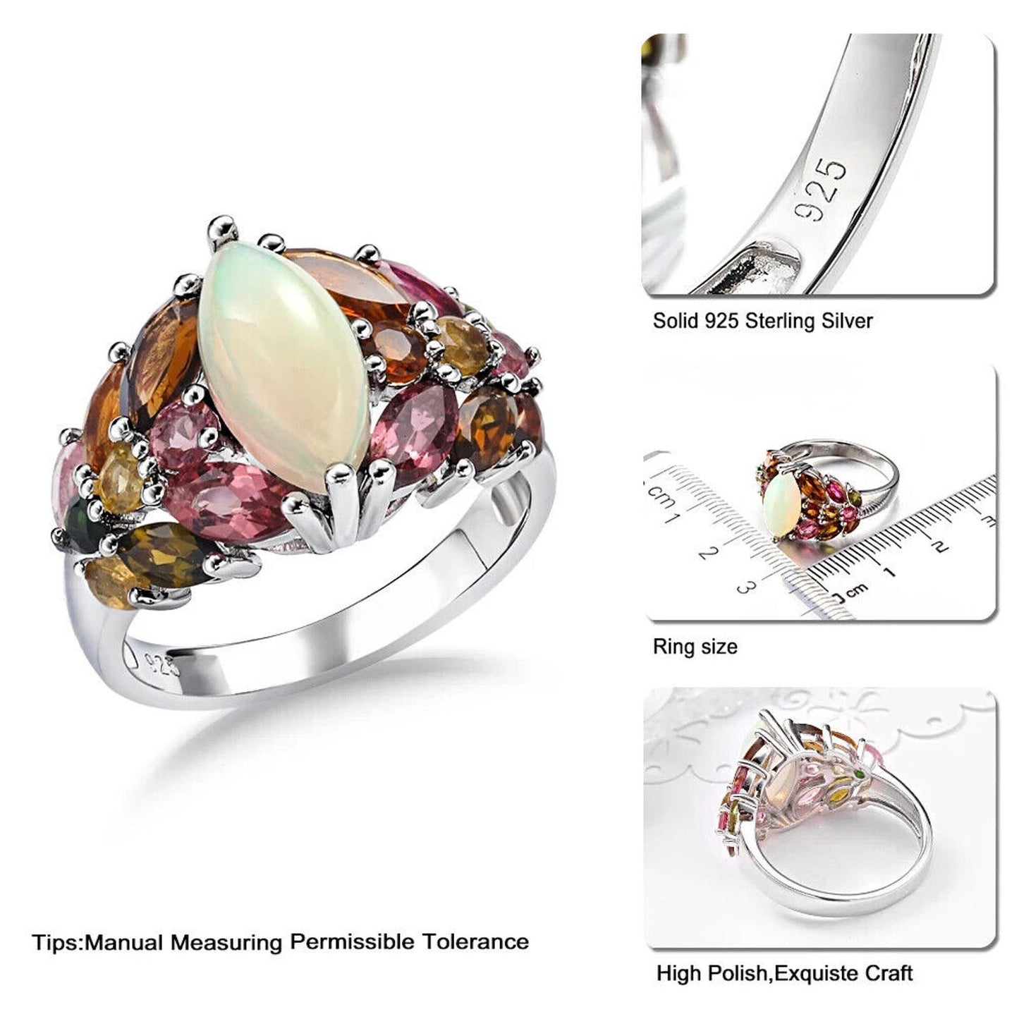 Marquise Cut Opal and Multicolor Tourmaline Gemstone Ring