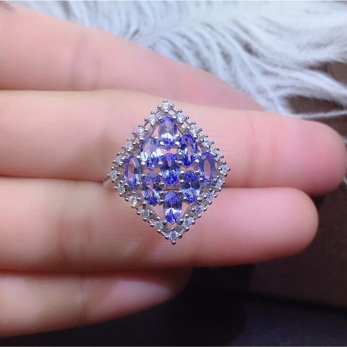 Tanzanite Diamond Shape Statement Ring VVS1 Platinum Plated