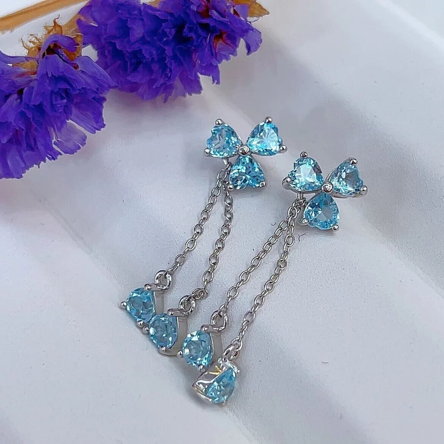 Sky Blue Topaz Clover Dangle Earrings 4mm