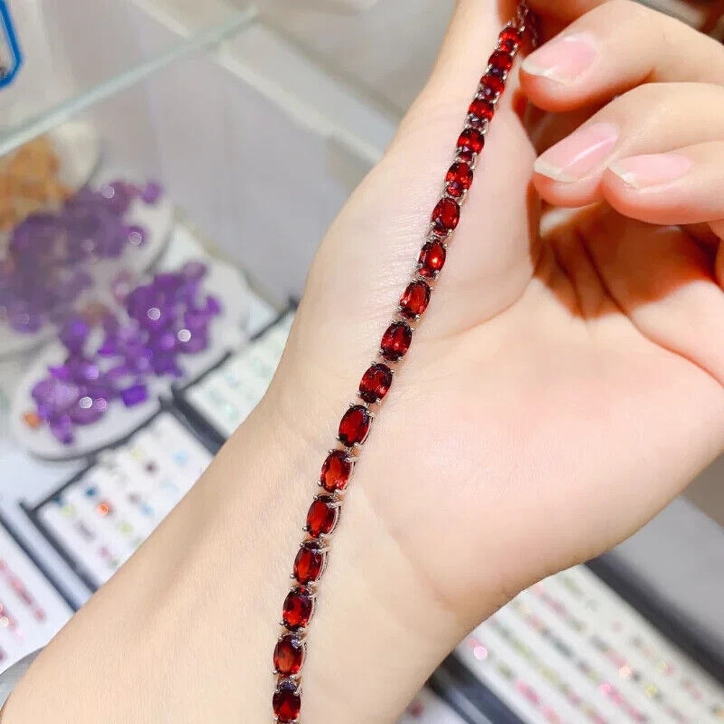 Red Garnet Tennis Bracelet 4x6mm Platinum Plated