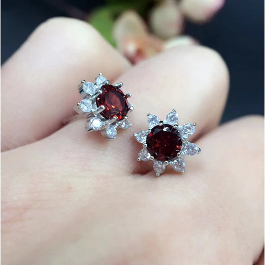 Dark Red Garnet Cluster Stud Earrings 5mm Sterling Silver