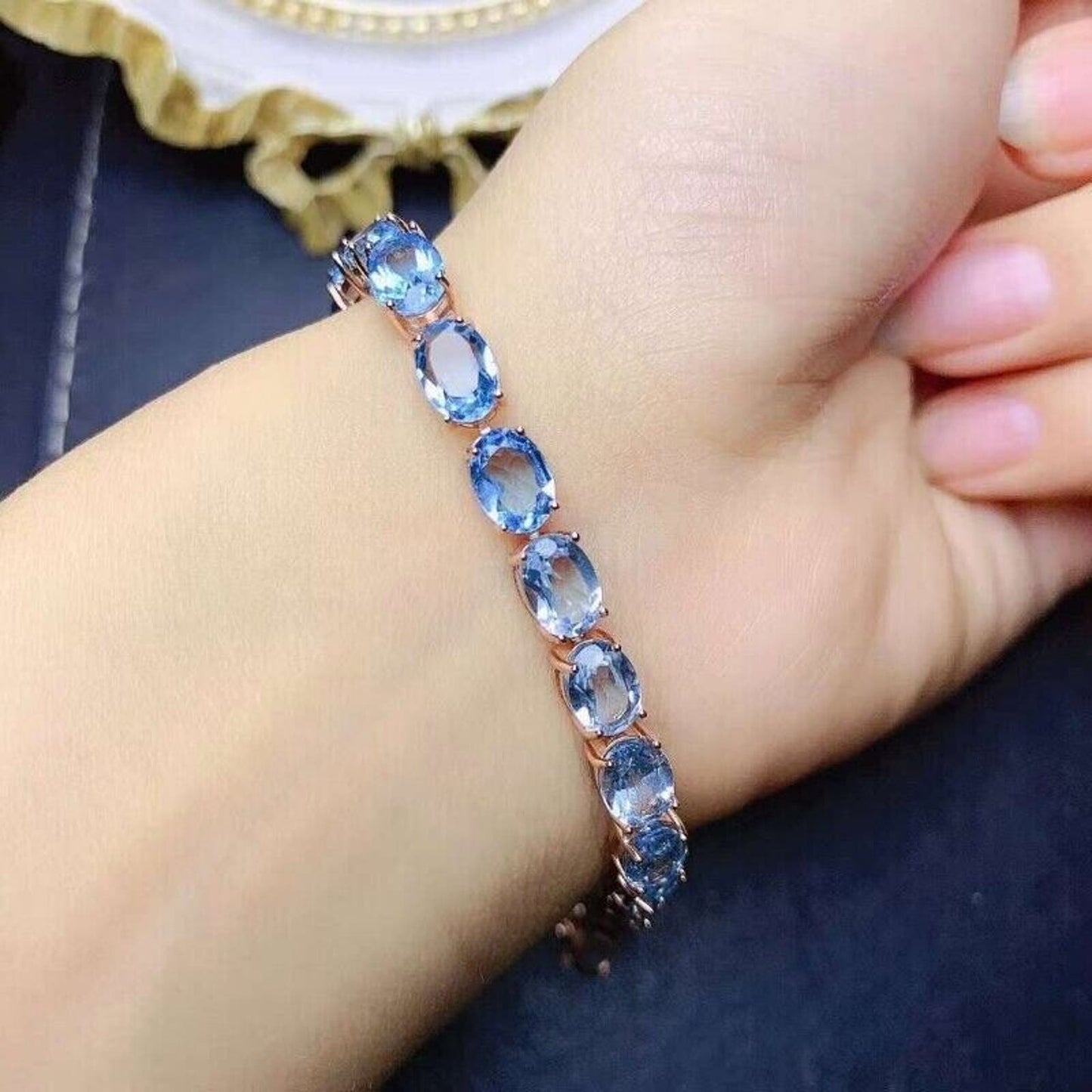 Gradient Blue Topaz Tennis Bracelet 6x8mm Sterling Silver