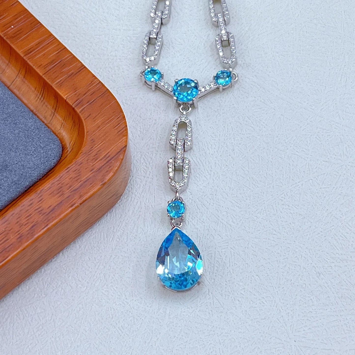 Swiss Blue Topaz Long Pendant Statement Necklace 9x13mm