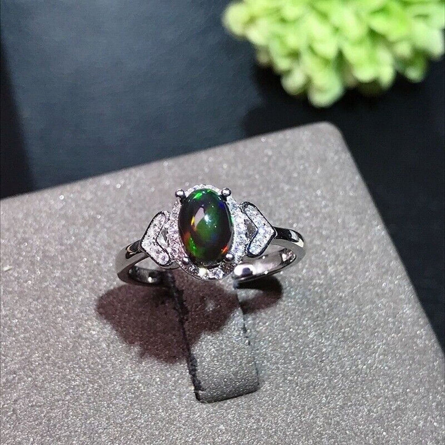 Black Fire Opal Cocktail Ring 5x7mm Sterling Silver