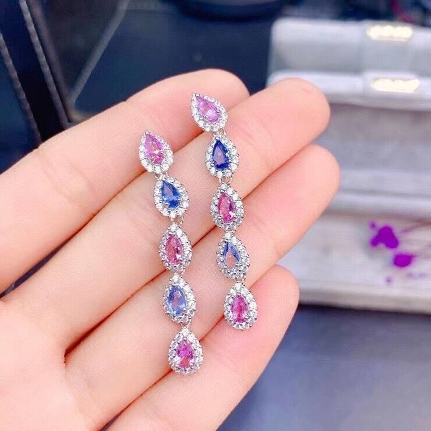 Natural Pink and Purple Sapphire Earrings, Sapphire Dangle Earrings