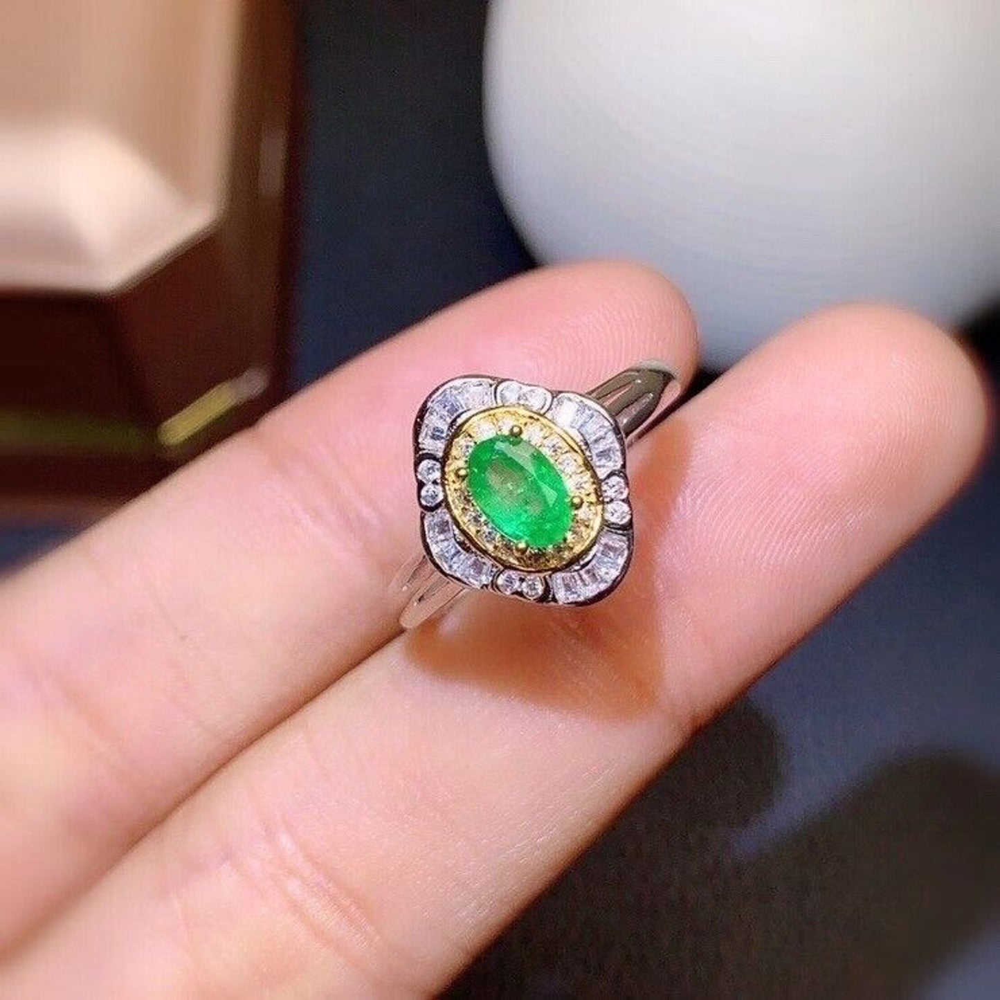 Emerald Cocktail Ring 4x6mm Two Tone Sterling Silver