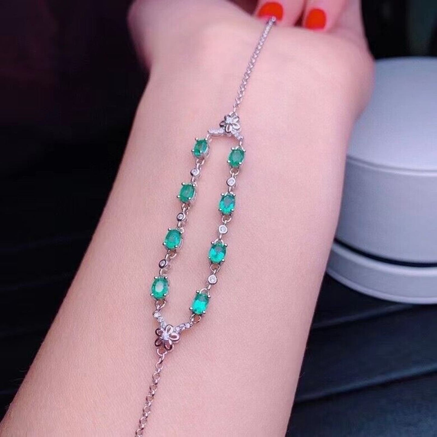 Dainty Emerald Tennis Bracelet, Colombian Emerald 925 Sterling Silver Bracelet