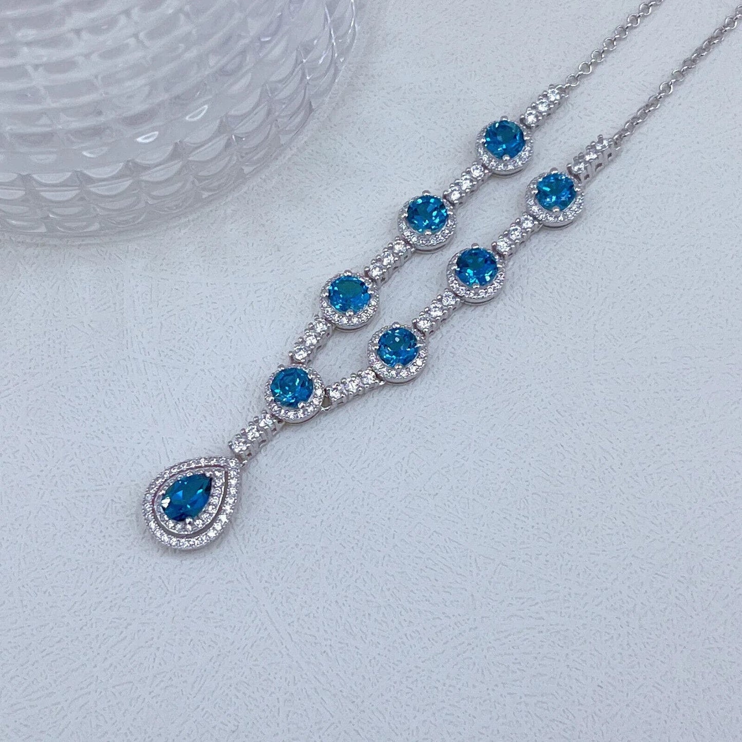 London Blue Topaz Gemstone Pear Cut Pendant Tennis Necklace