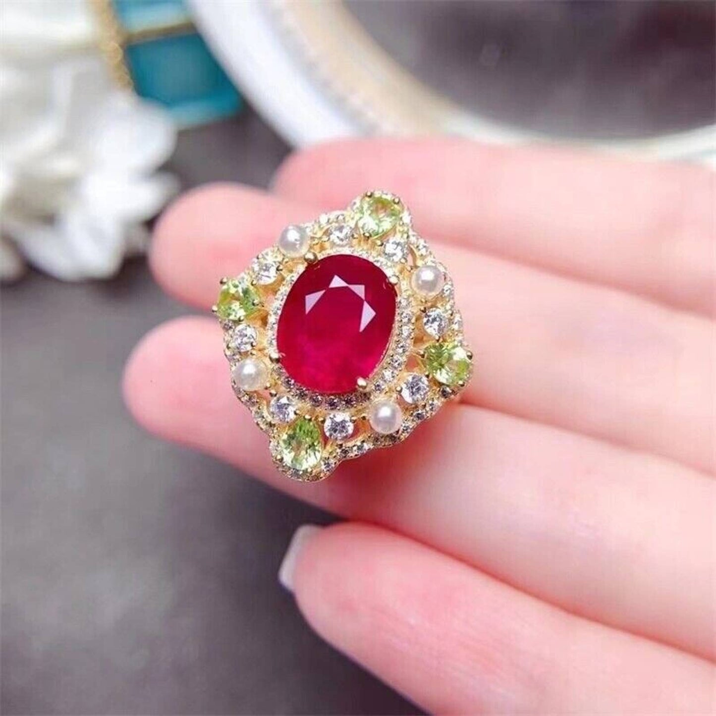 Ruby and Peridot Vintage Ring, Women's Vintage Ruby Ruby Ring, Sterling Silver