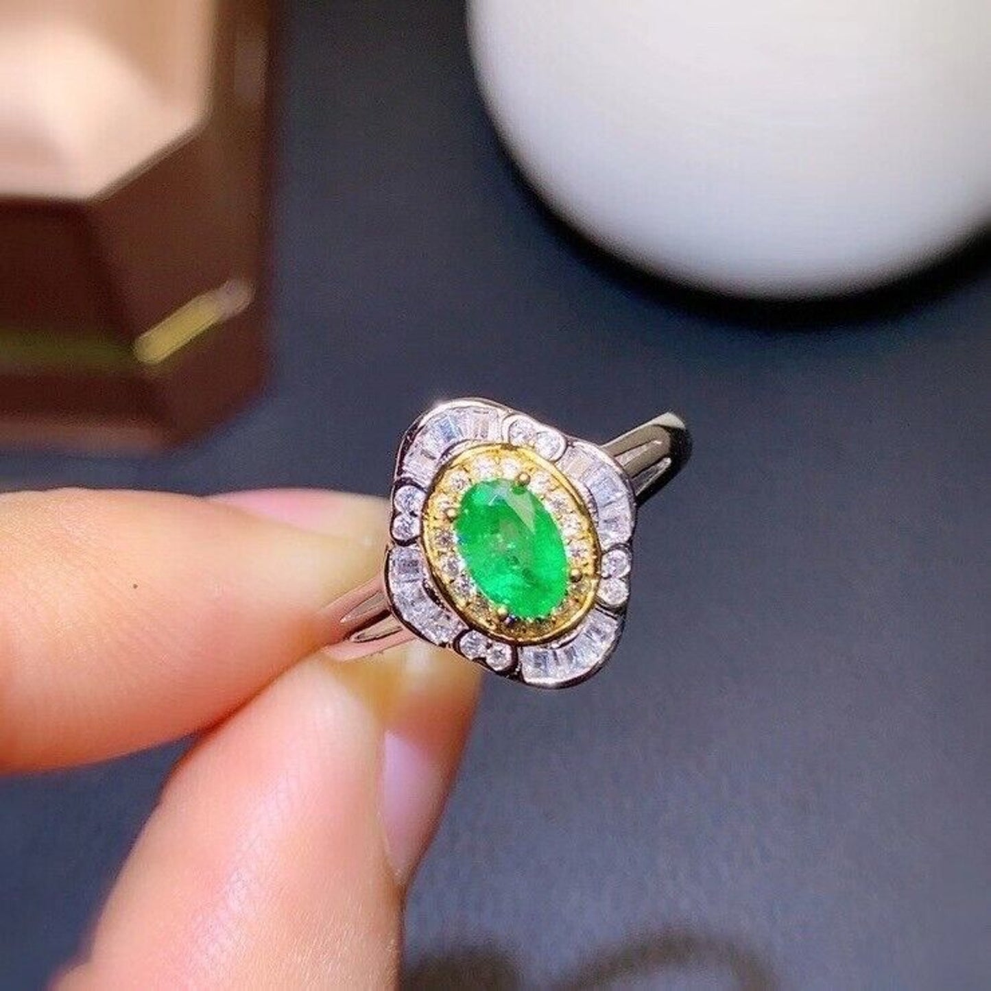 Emerald Cocktail Ring 4x6mm Two Tone Sterling Silver