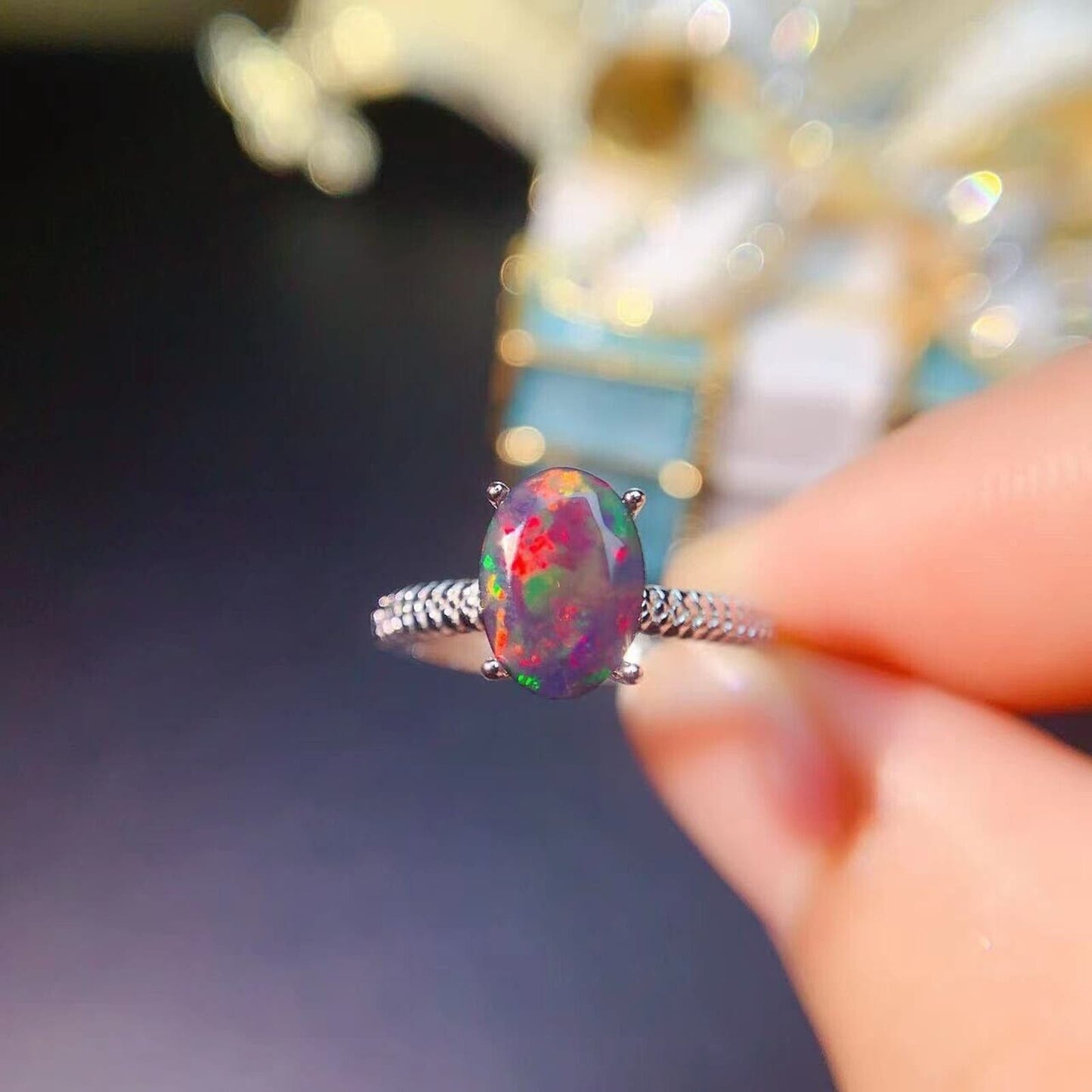 Colorful Black Opal Cocktail Ring 6x8m Sterling Silver