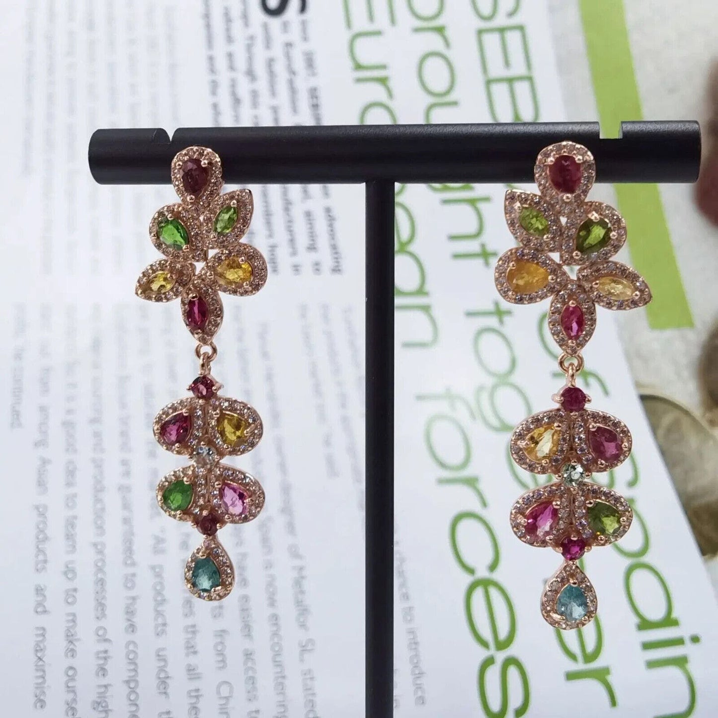 Tourmaline Rose Gold Statement Earrings 14x47mm