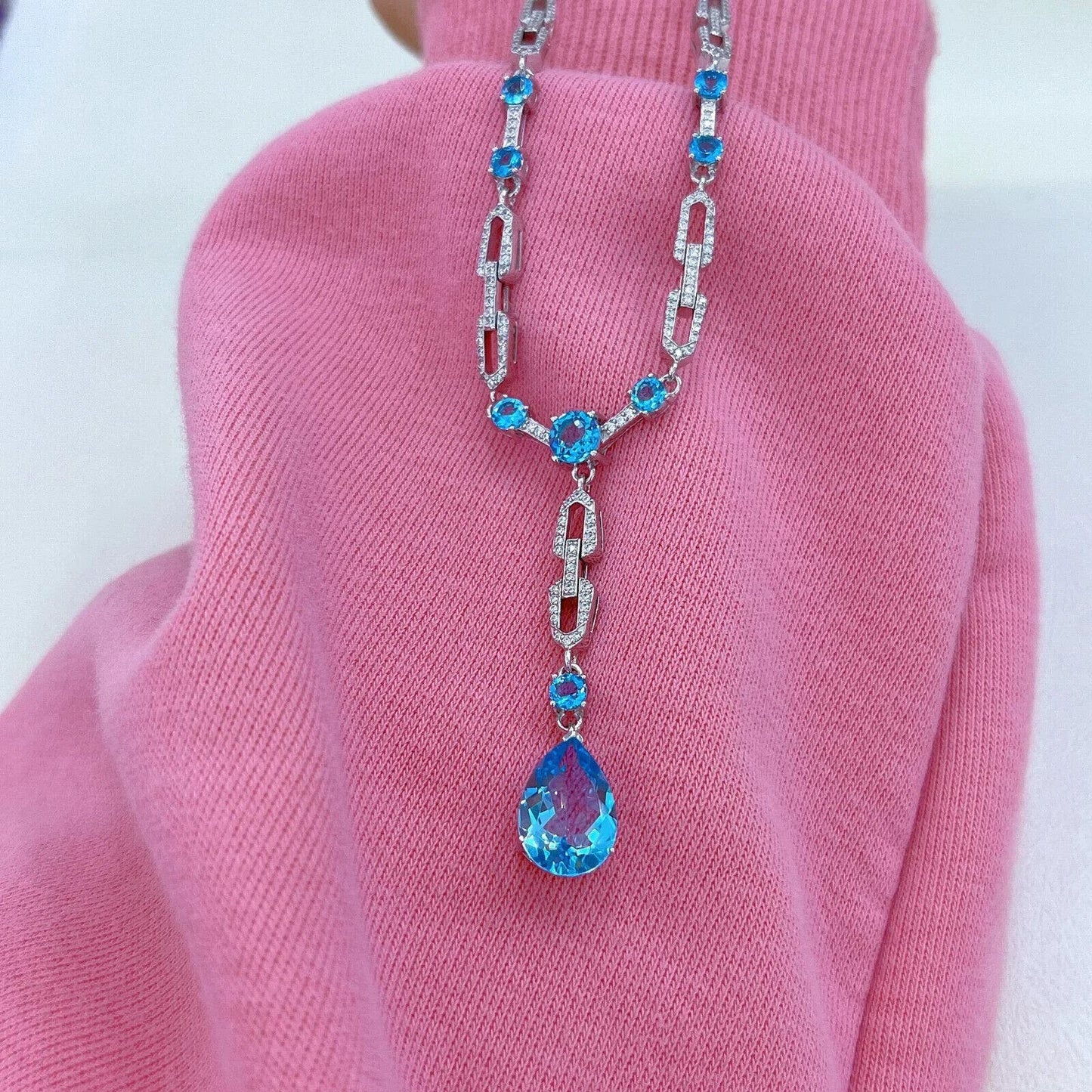 Swiss Blue Topaz Long Pendant Statement Necklace 9x13mm