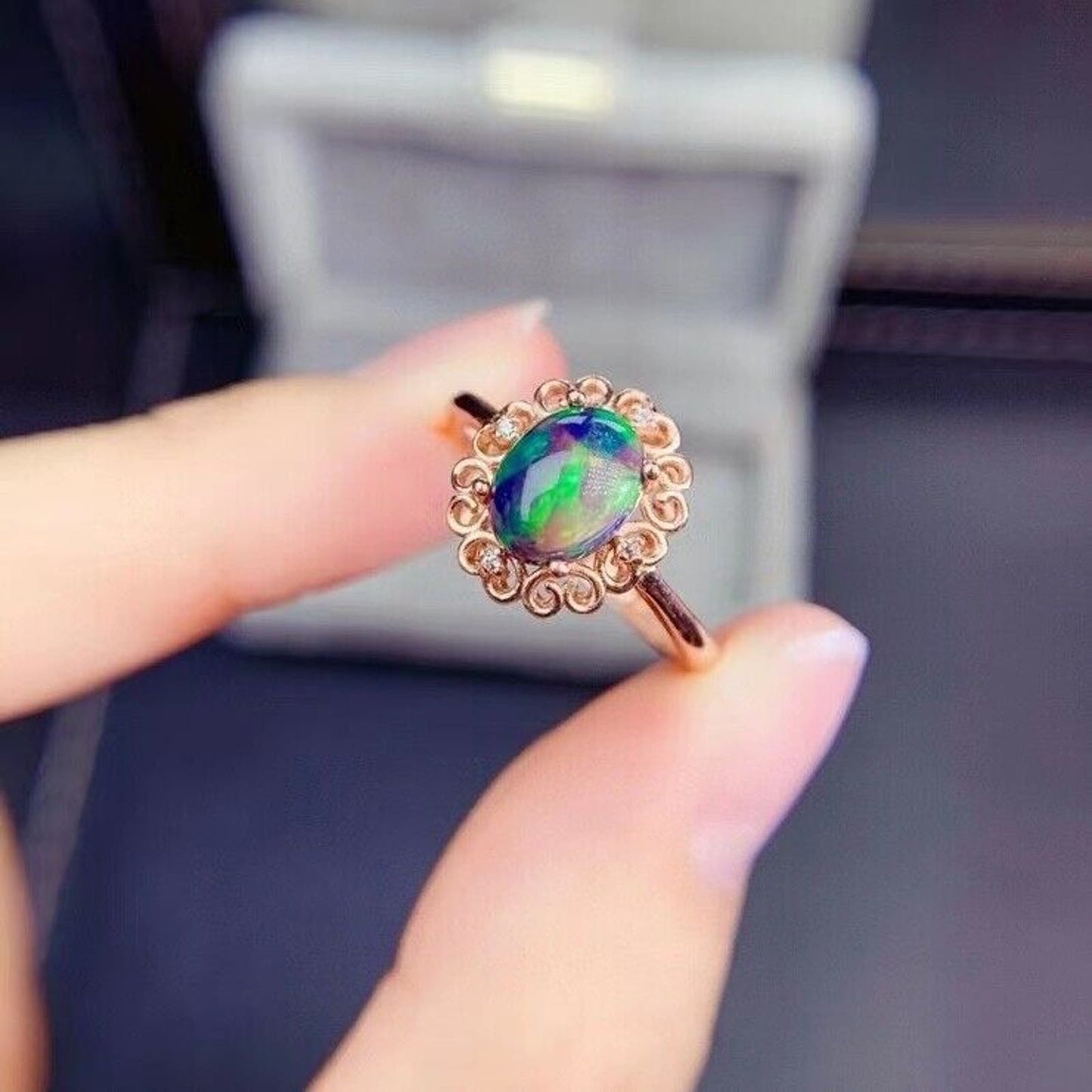 Dainty Black Opal Flower Ring 6x8mm Rose Gold