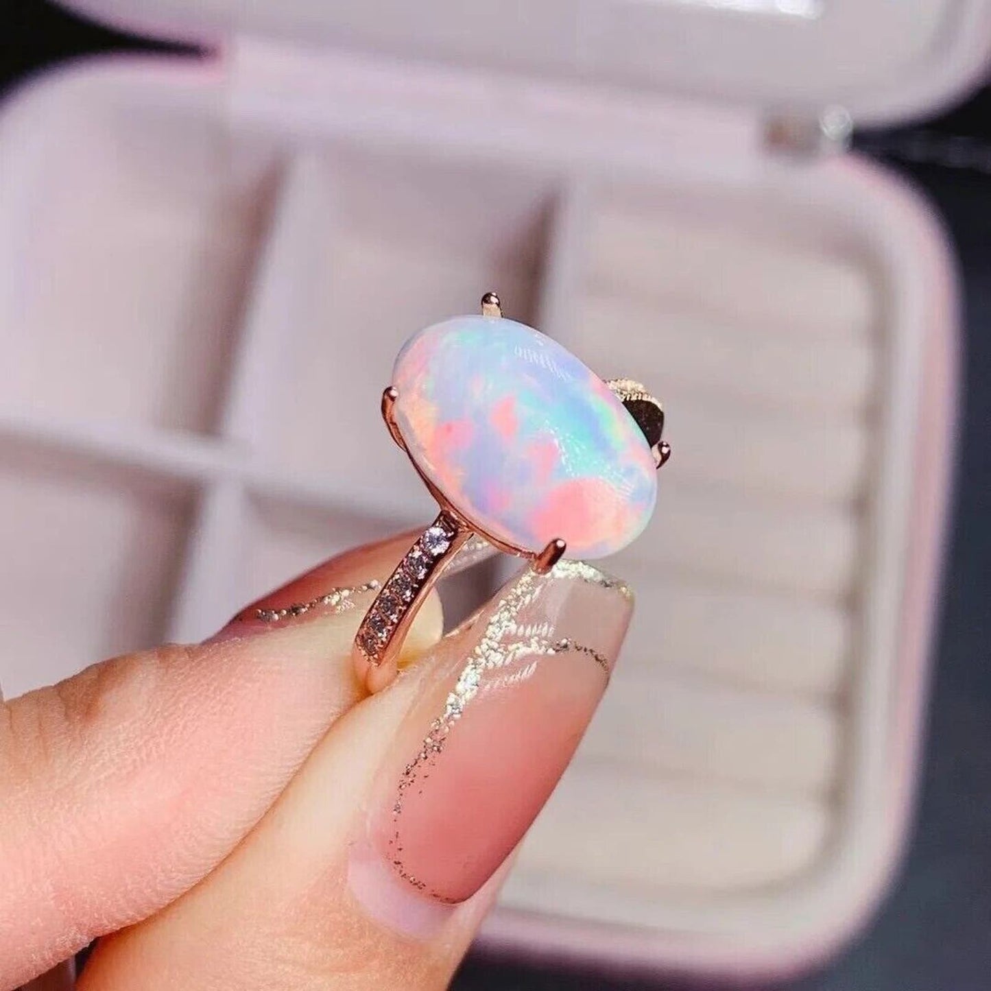 White Fire Opal Statement Ring 9x13mm