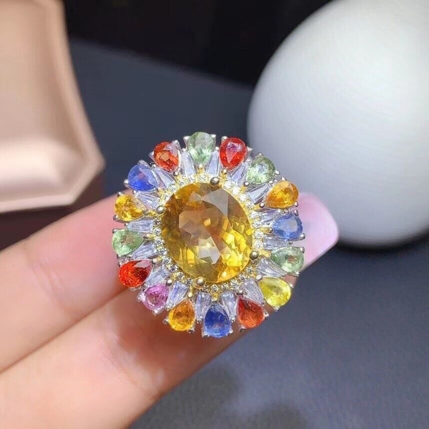 Natural Citrine and Sapphire Gemstone Ring, Colorful Citrine and Sapphire Ring