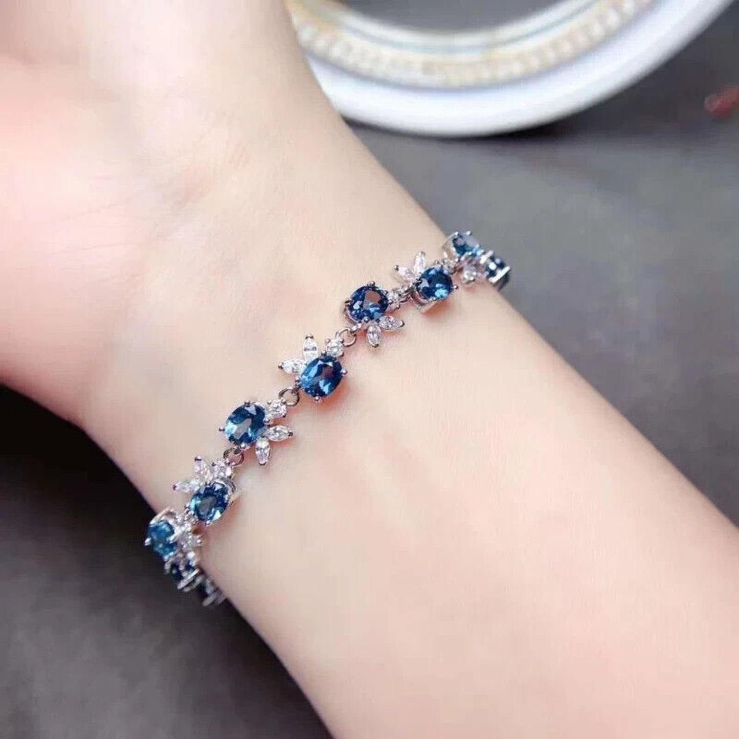 Dainty London Blue Topaz Flower Tennis Bracelet 4x5mm