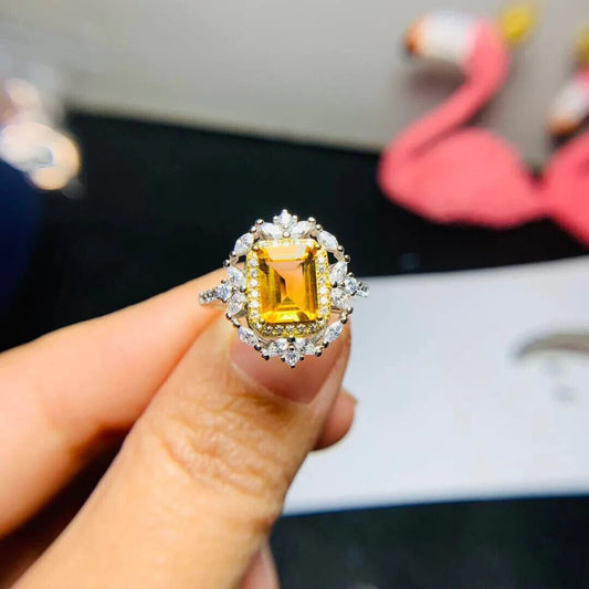 Citrine Gemstone Emerald Cut Cocktail Ring 6x8mm