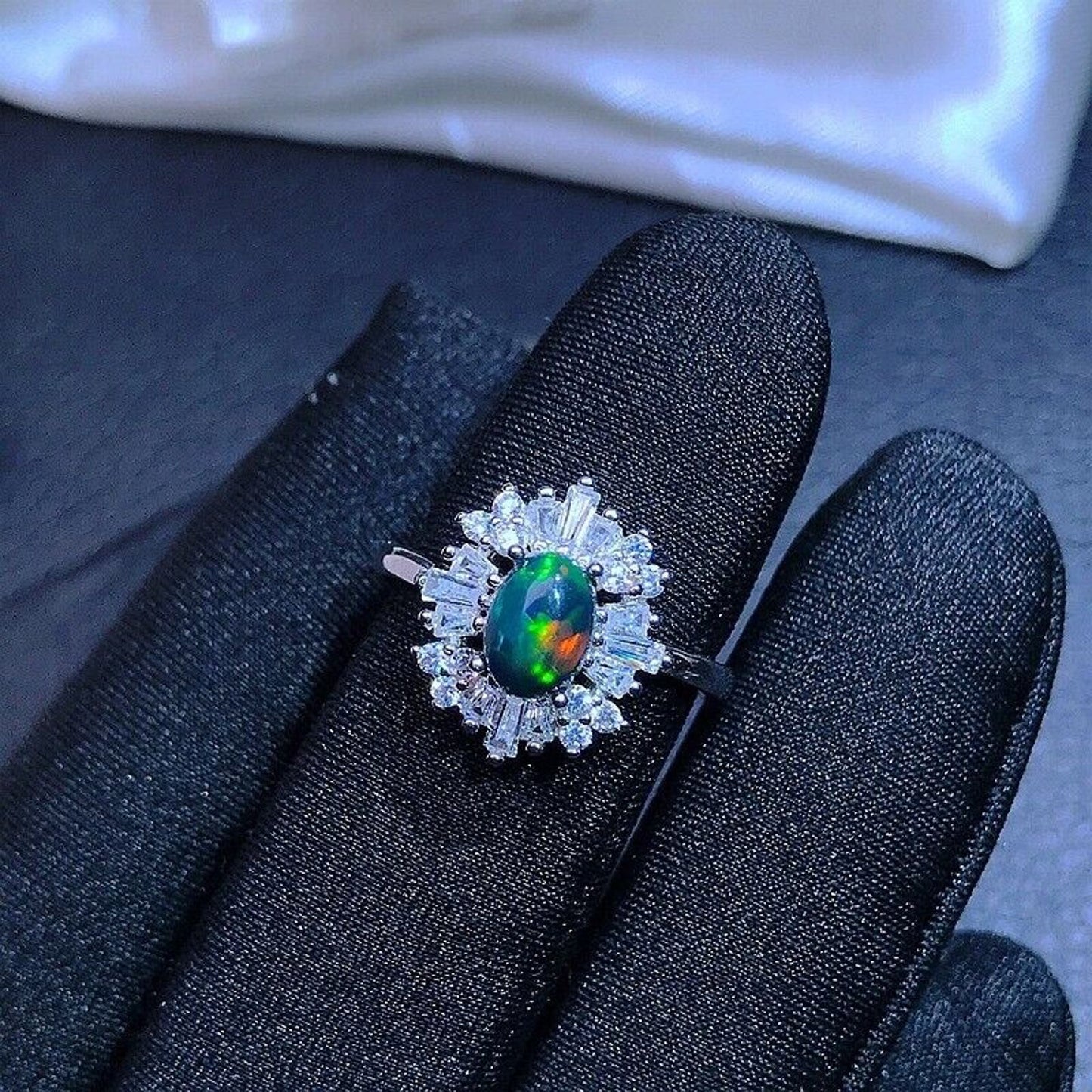 Black Opal Cluster Ring 5x7mm Sterling Silver