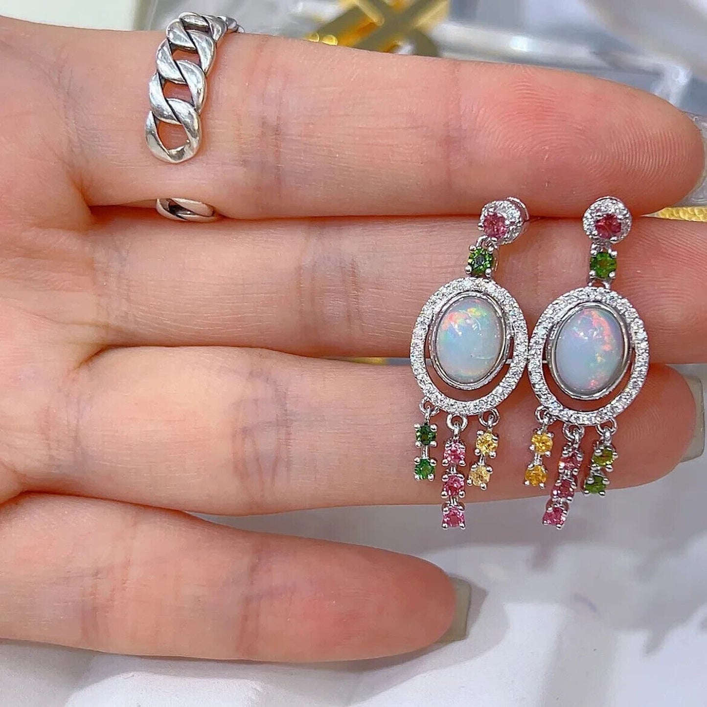 White Opal and Brazilian Tourmaline Dangle Earrings