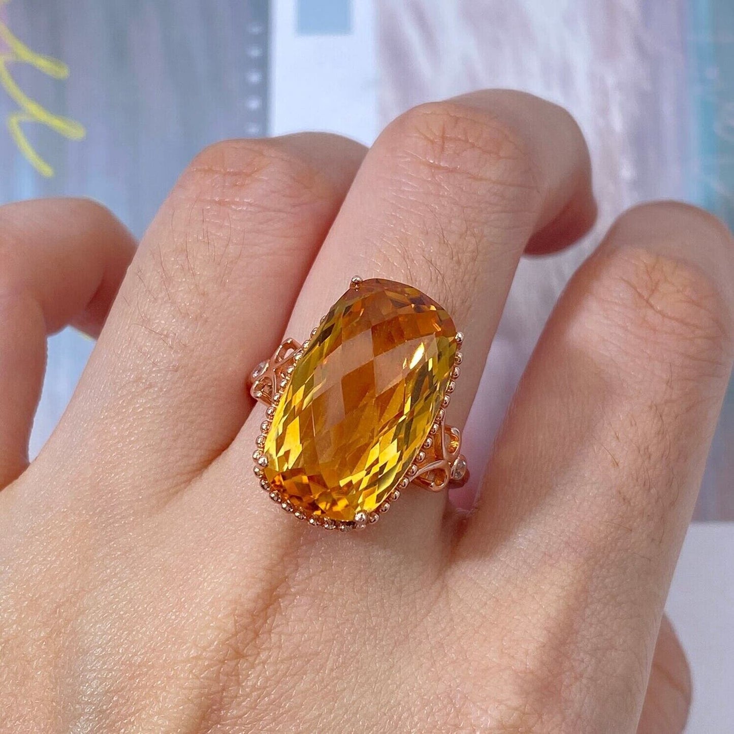 Large Citrine Gemstone Statement Ring 11.7 Carats Rose Gold