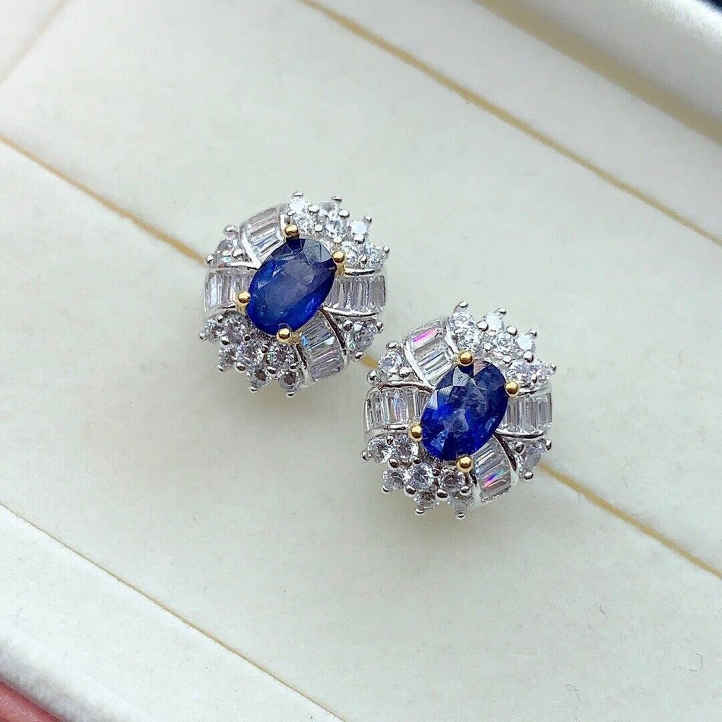 Blue Sapphire Stud Earrings Sri Lanka Sapphire, Silver Sapphire Earrings