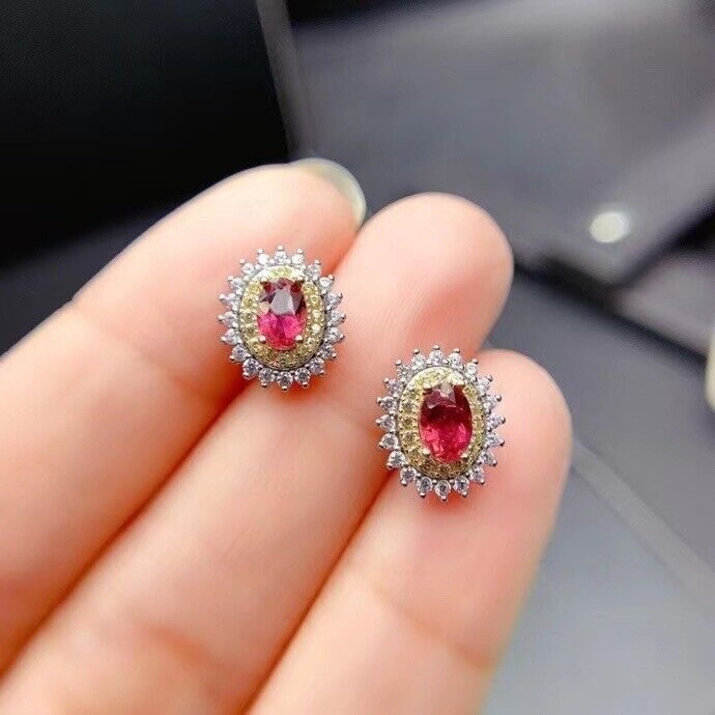 Natural Pink Tourmaline Cluster Stud Earrings 925 Sterling Silver