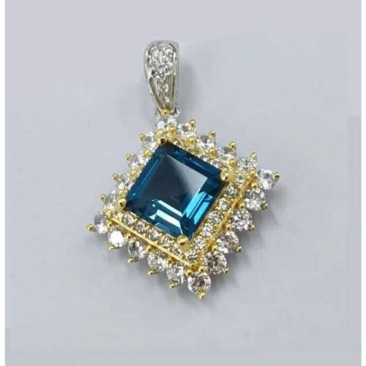 London Blue Topaz Square Cut Pendant Necklace 7x7mm