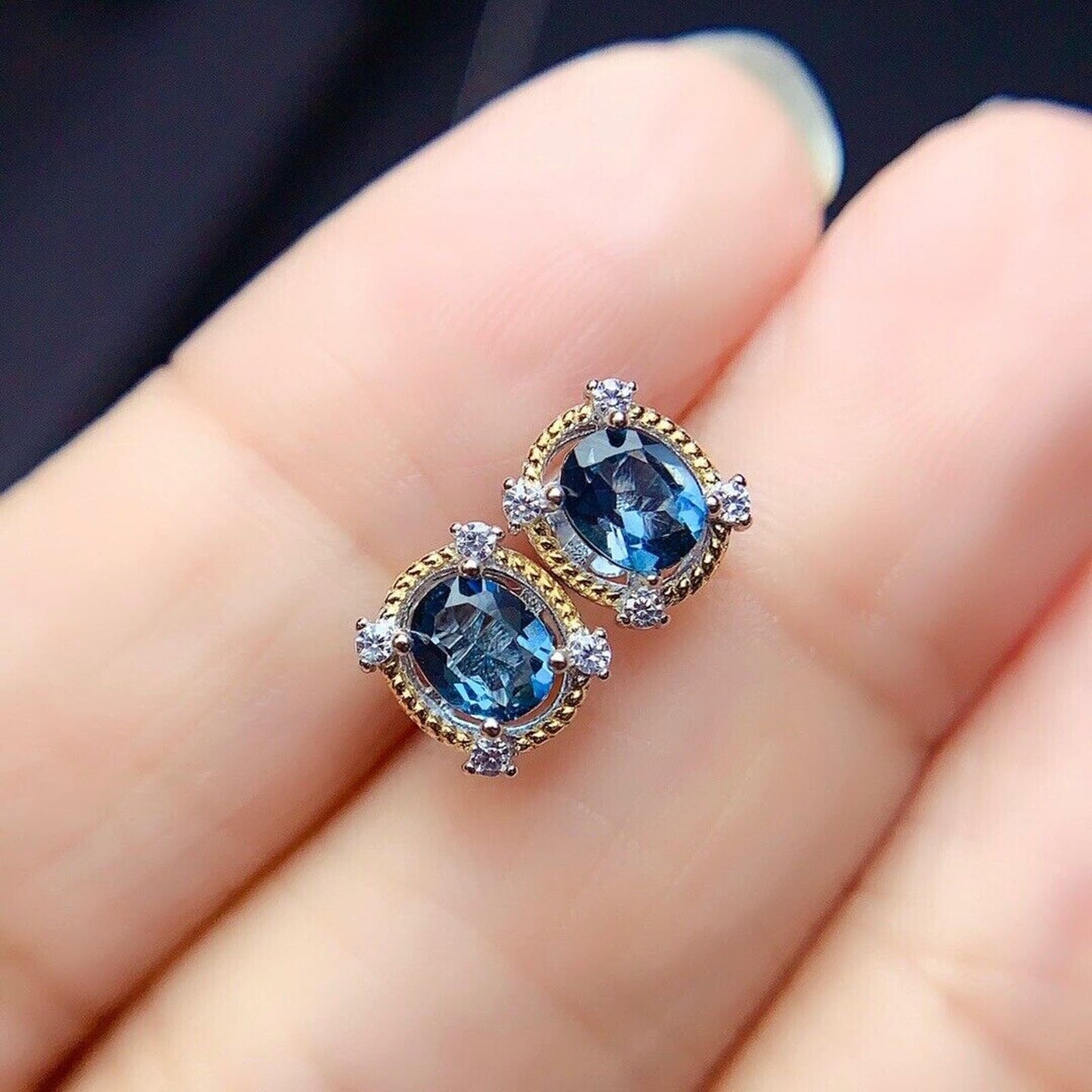 London Blue Topaz Two Tone Metal Stud Earrings 4x5mm